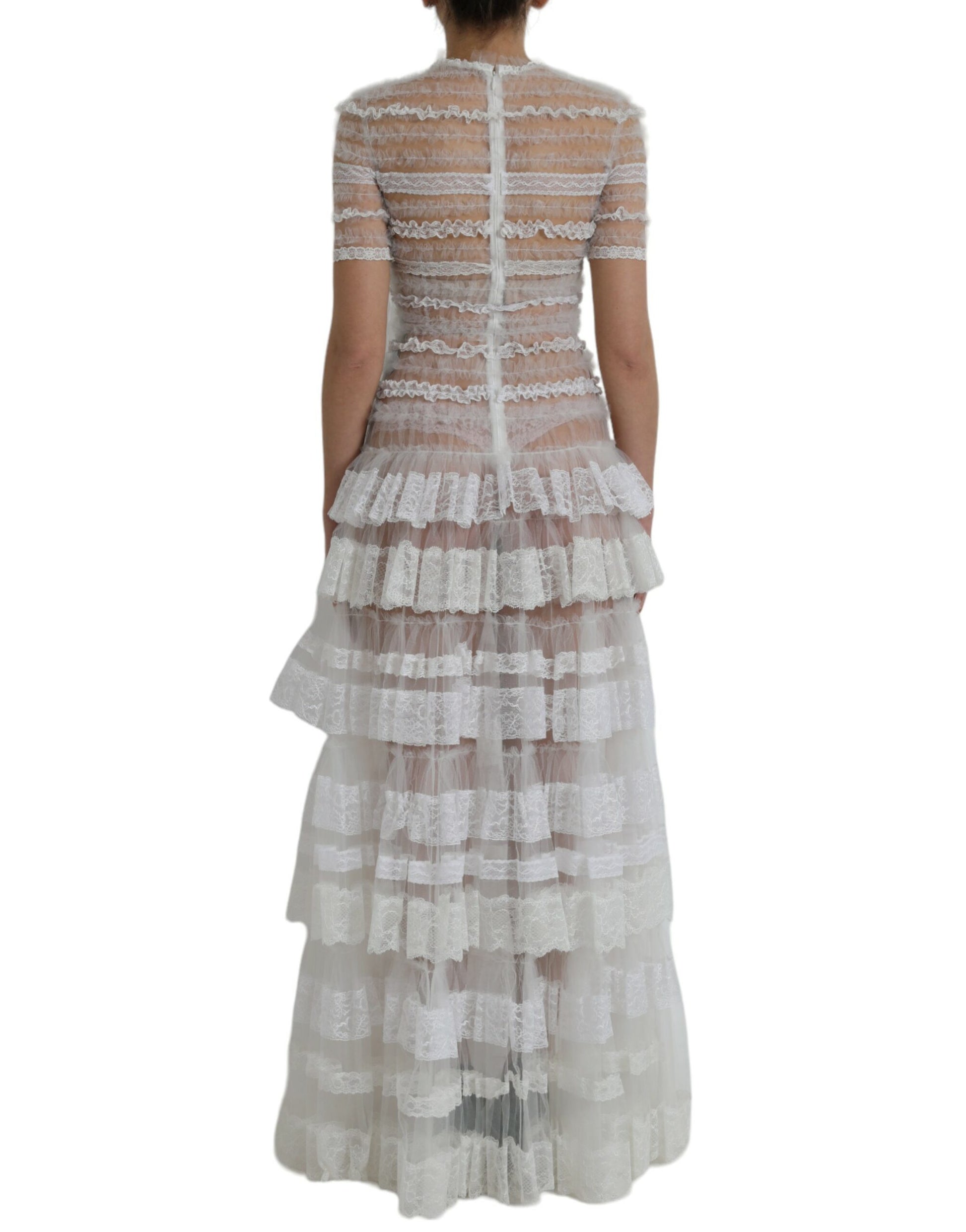 White Nylon Sheer Tiered Lace Maxi Dress