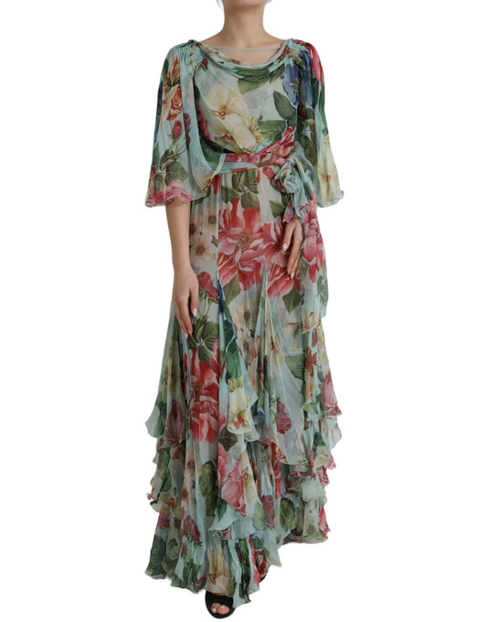  - Blue Floral Print Tiered Long Maxi Dress