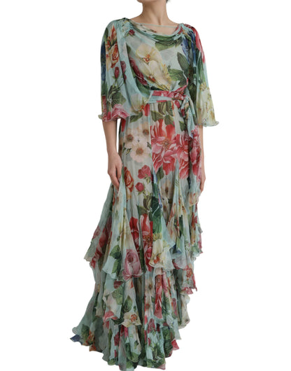  - Blue Floral Print Tiered Long Maxi Dress