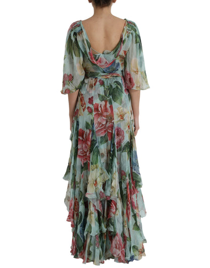  - Blue Floral Print Tiered Long Maxi Dress