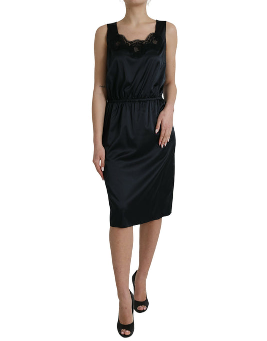  - Black Polyester Lace Trim Sheath Midi Dress