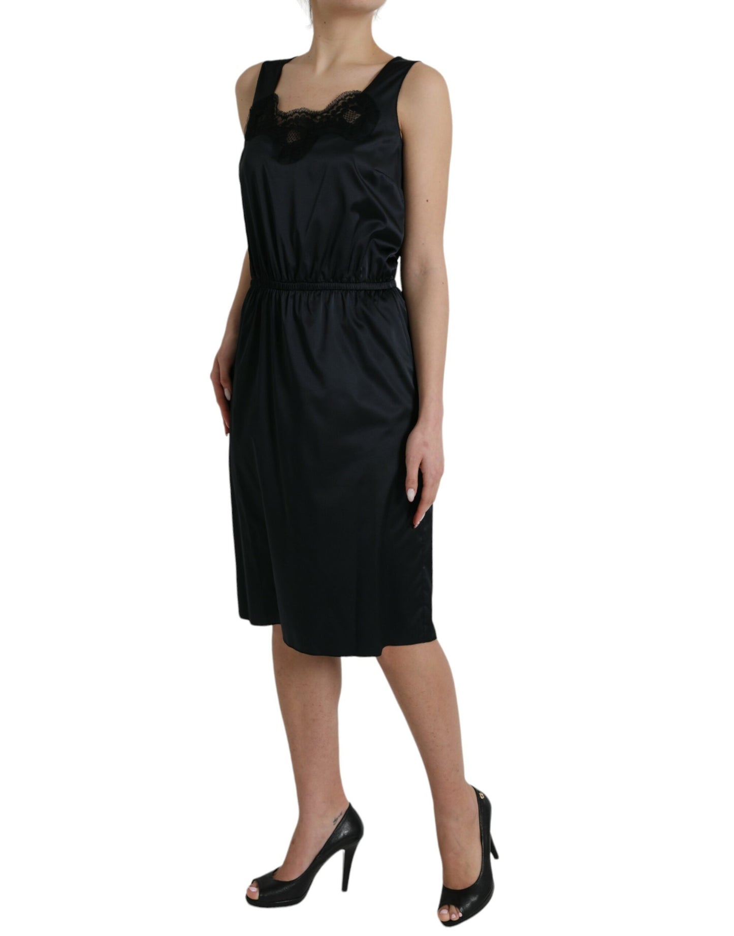  - Black Polyester Lace Trim Sheath Midi Dress
