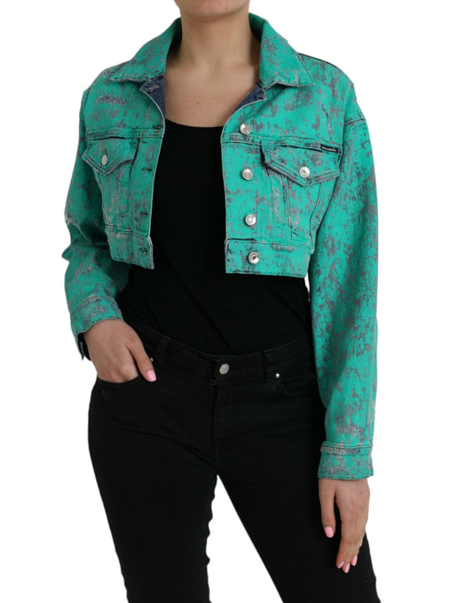  - Green Cotton Tie Dye Cropped Cropped Denim Jacket