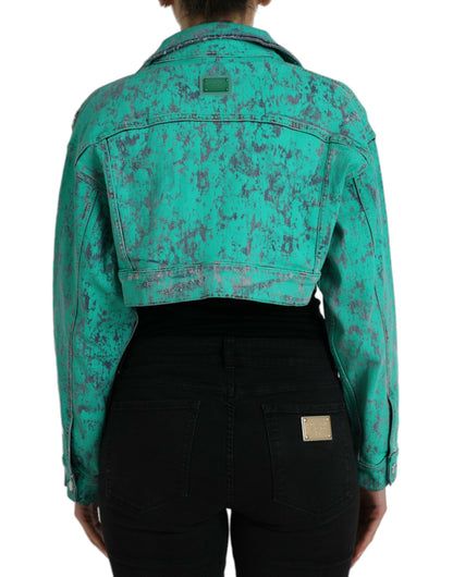  - Green Cotton Tie Dye Cropped Cropped Denim Jacket