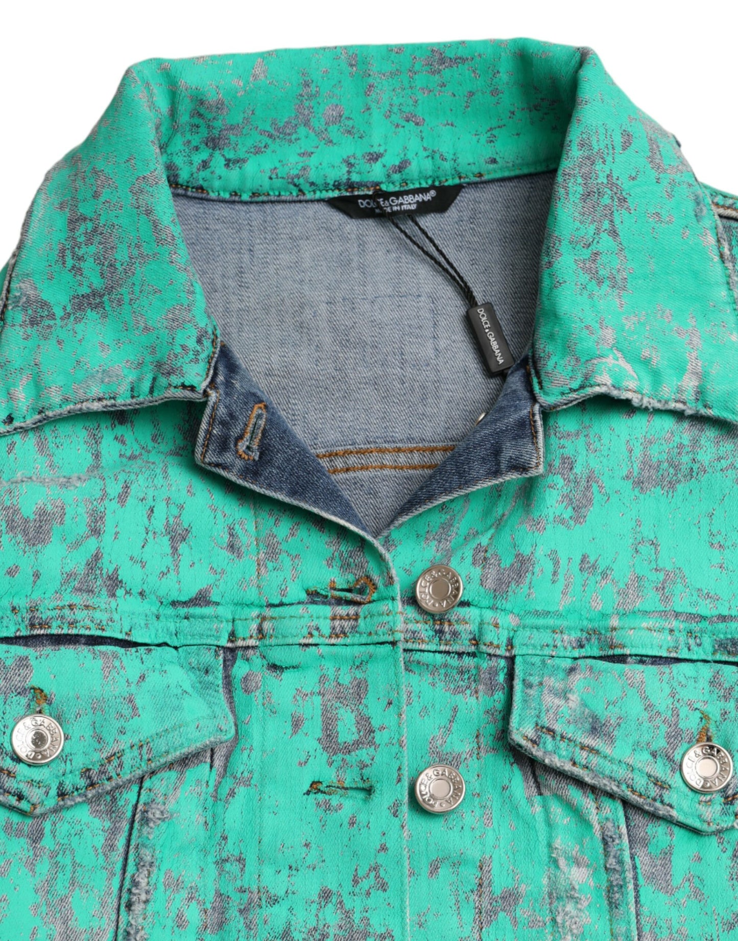  - Green Cotton Tie Dye Cropped Cropped Denim Jacket