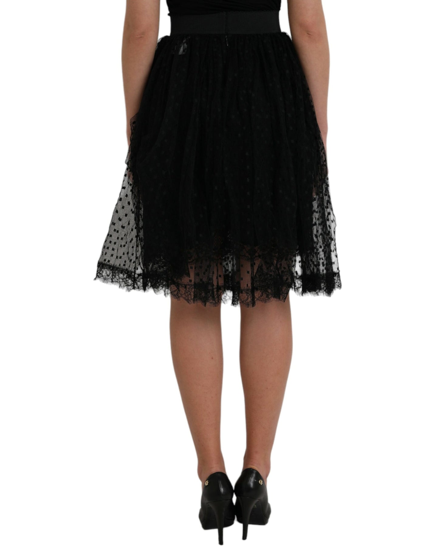  - Black Nylon Lace Trim High Waist A-line Skirt