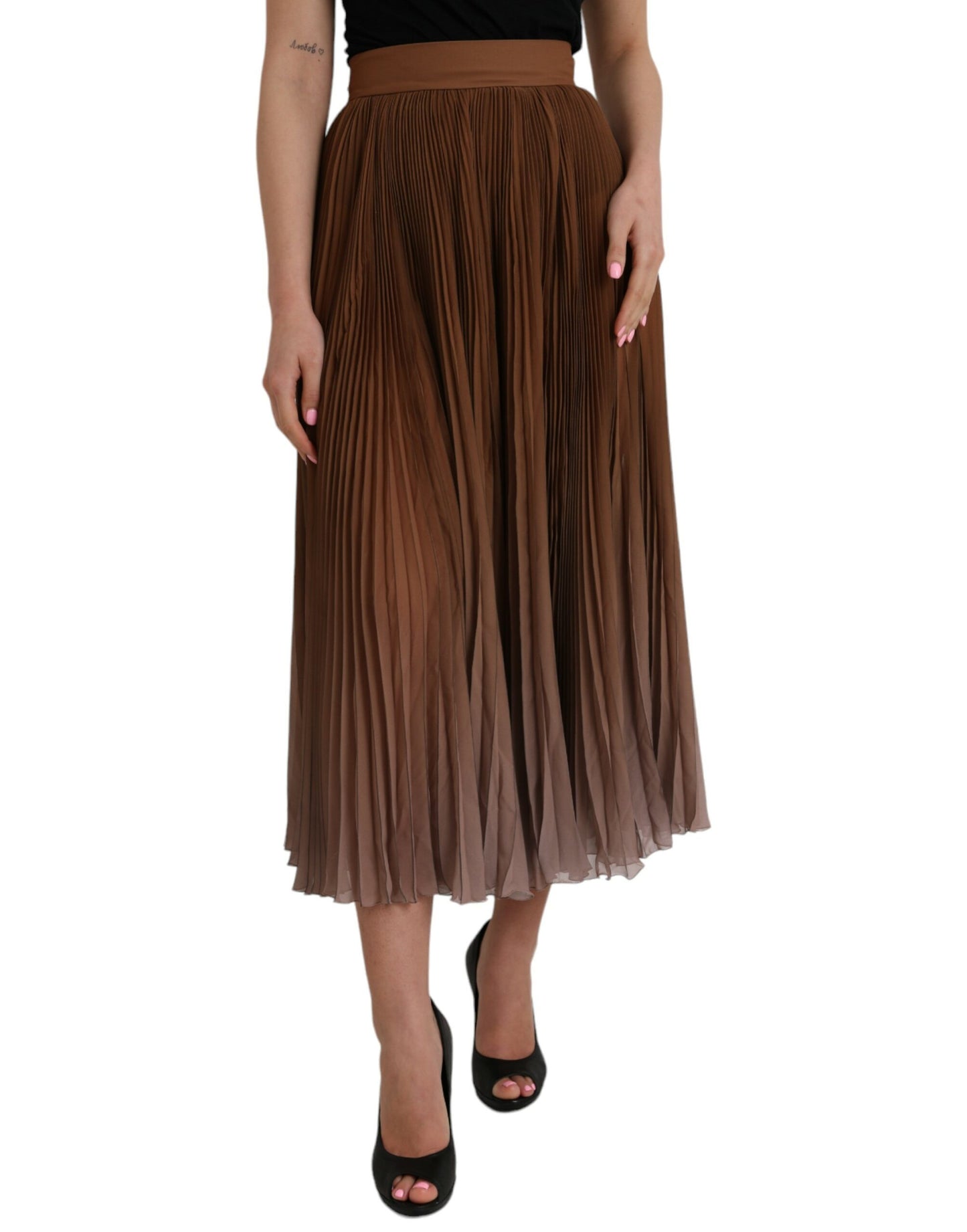  - Brown Polyester Pleated High Waist Midi Skirt