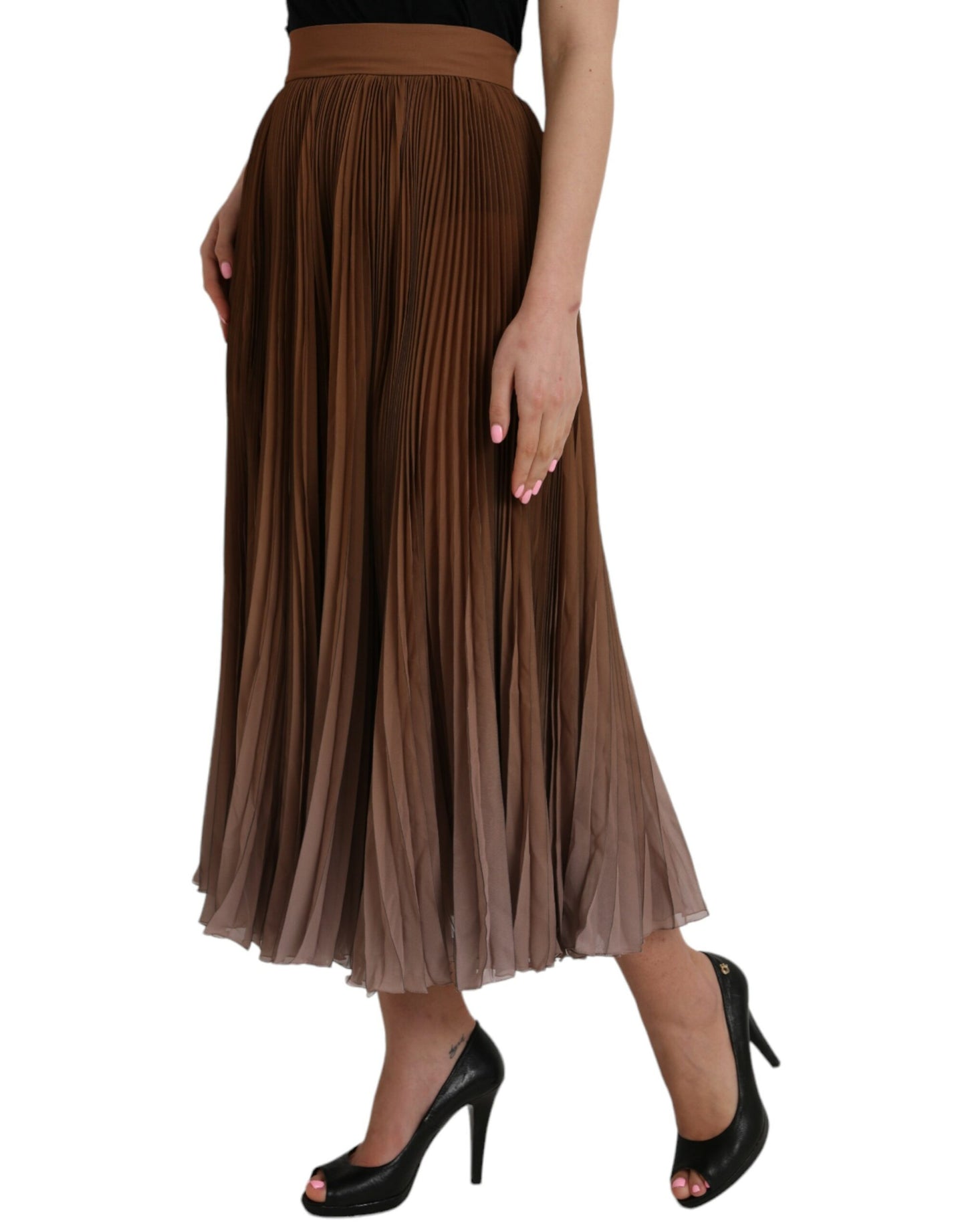  - Brown Polyester Pleated High Waist Midi Skirt