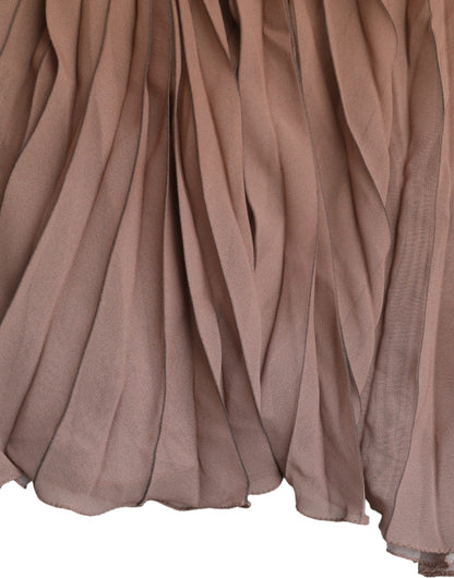  - Brown Polyester Pleated High Waist Midi Skirt