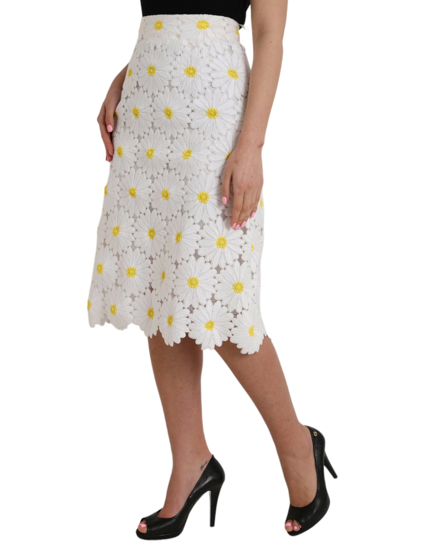  - White Floral Pencil Straight Lace Skirt