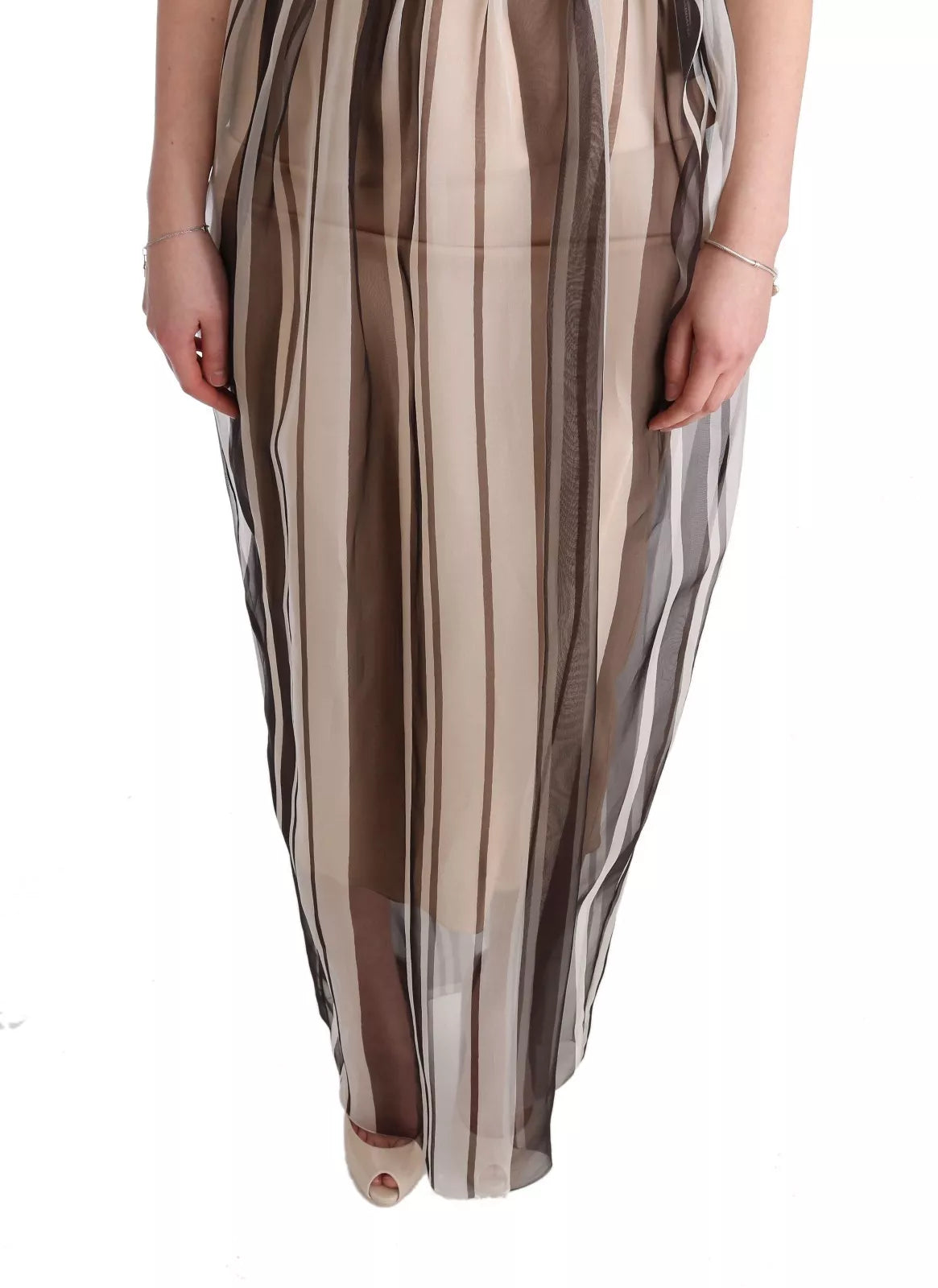  - Beige Brown Striped Silk Sheath Dress