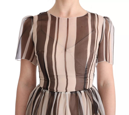  - Beige Brown Striped Silk Sheath Dress