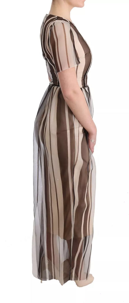  - Beige Brown Striped Silk Sheath Dress