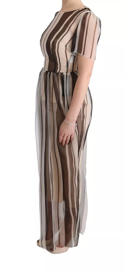  - Beige Brown Striped Silk Sheath Dress