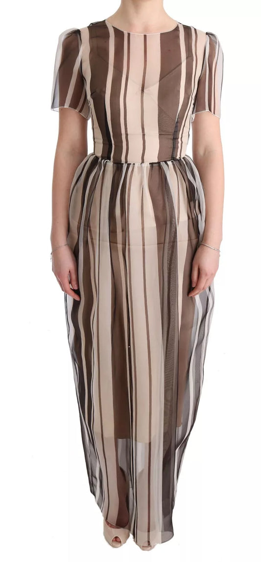  - Beige Brown Striped Silk Sheath Dress