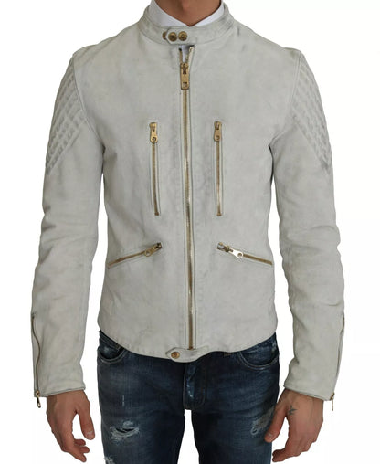  - Leather White Biker Motorcycle Jacket