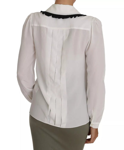  - White Silk Shirt Ruffle Rouded Collar Blouse