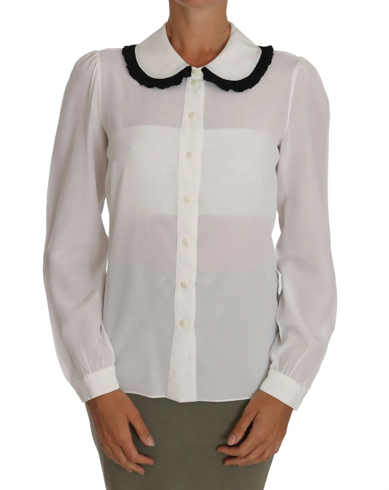  - White Silk Shirt Ruffle Rouded Collar Blouse