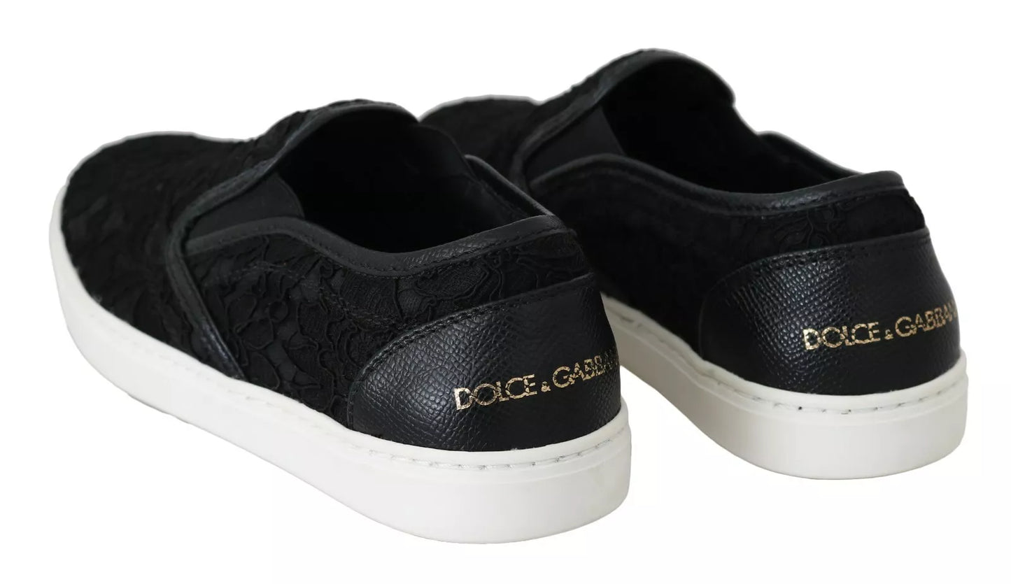  - Black Lace Leather Logo Flat Slip-On Sneakers