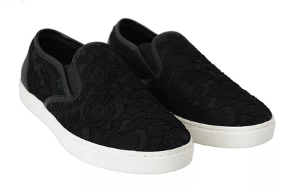  - Black Lace Leather Logo Flat Slip-On Sneakers