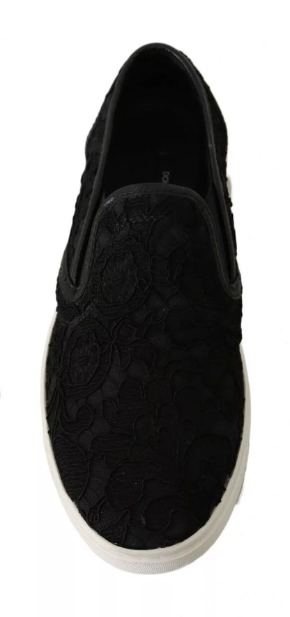  - Black Lace Leather Logo Flat Slip-On Sneakers