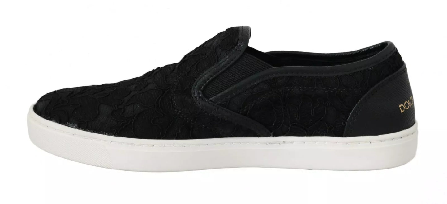  - Black Lace Leather Logo Flat Slip-On Sneakers