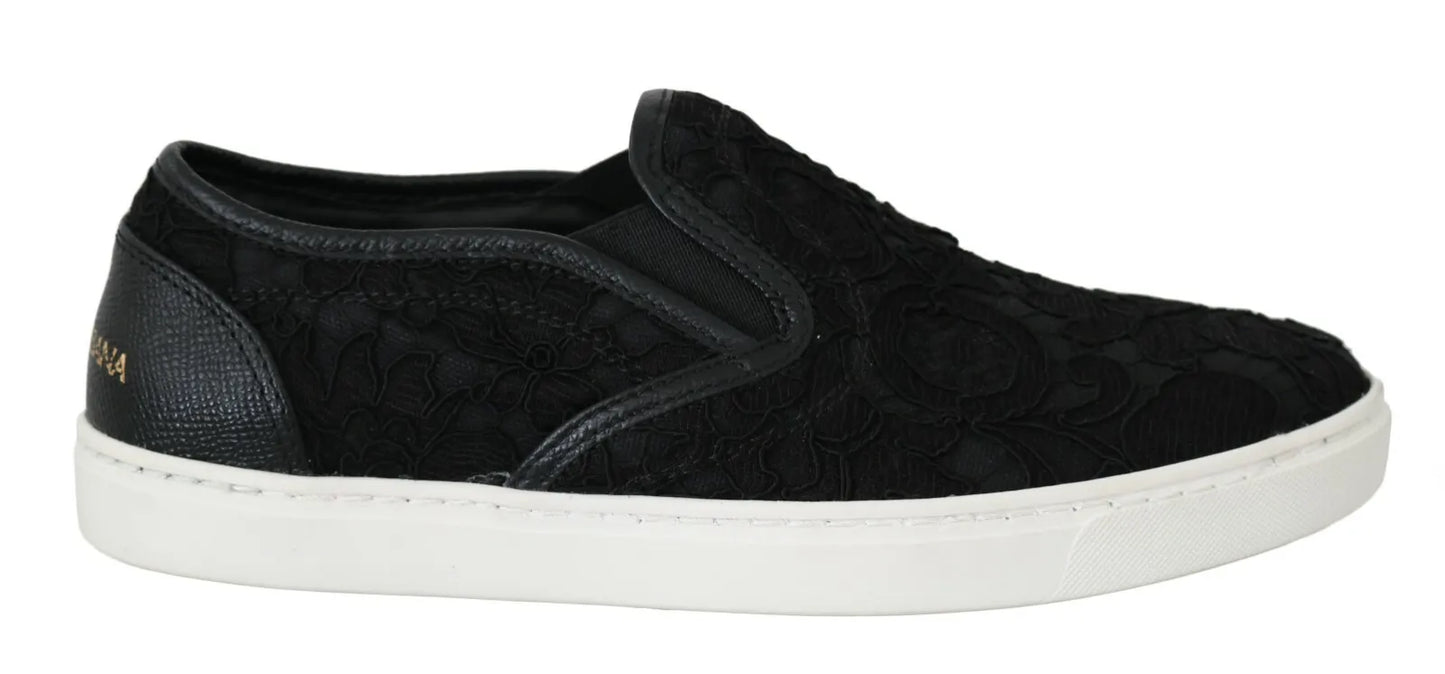  - Black Lace Leather Logo Flat Slip-On Sneakers