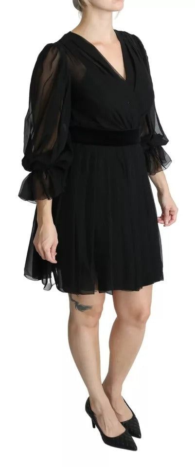  - Black Mesh Pleated Mini Silk Blend Dress