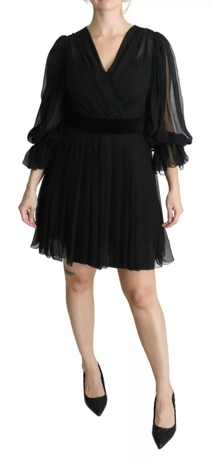  - Black Mesh Pleated Mini Silk Blend Dress