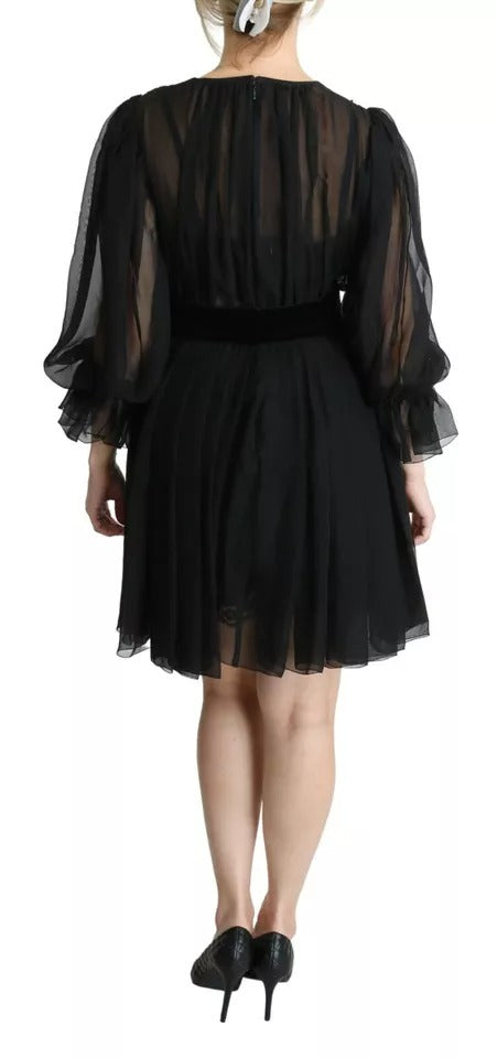  - Black Mesh Pleated Mini Silk Blend Dress