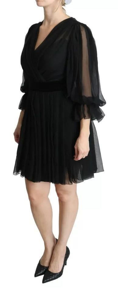  - Black Mesh Pleated Mini Silk Blend Dress