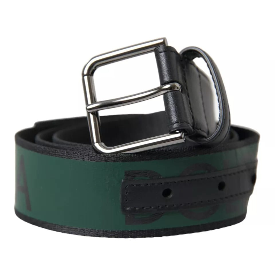  - Black Green Leather Silver Metal Buckle Belt