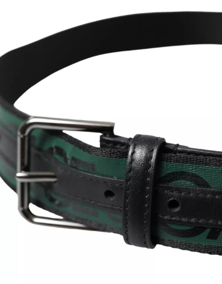  - Black Green Leather Silver Metal Buckle Belt