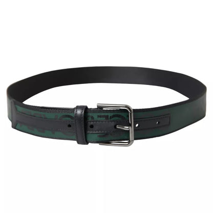  - Black Green Leather Silver Metal Buckle Belt