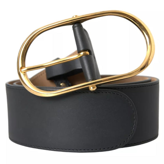  - Black Leather Gold Oval Metal Buckle Belt