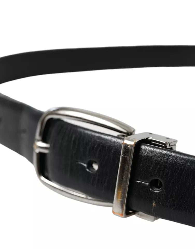  - Black Leather Silver Metal Buckle Men Belt