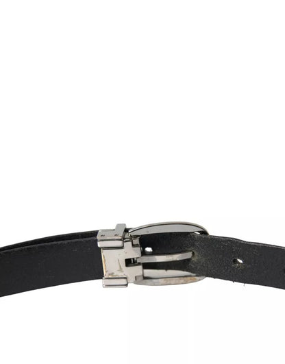  - Black Leather Silver Metal Buckle Men Belt