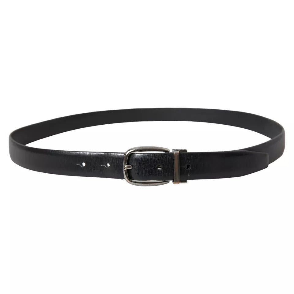  - Black Leather Silver Metal Buckle Men Belt