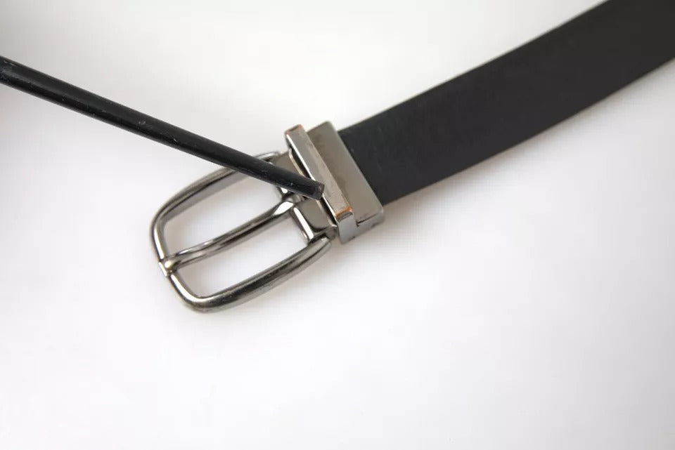  - Black Leather Silver Metal Buckle Men Belt