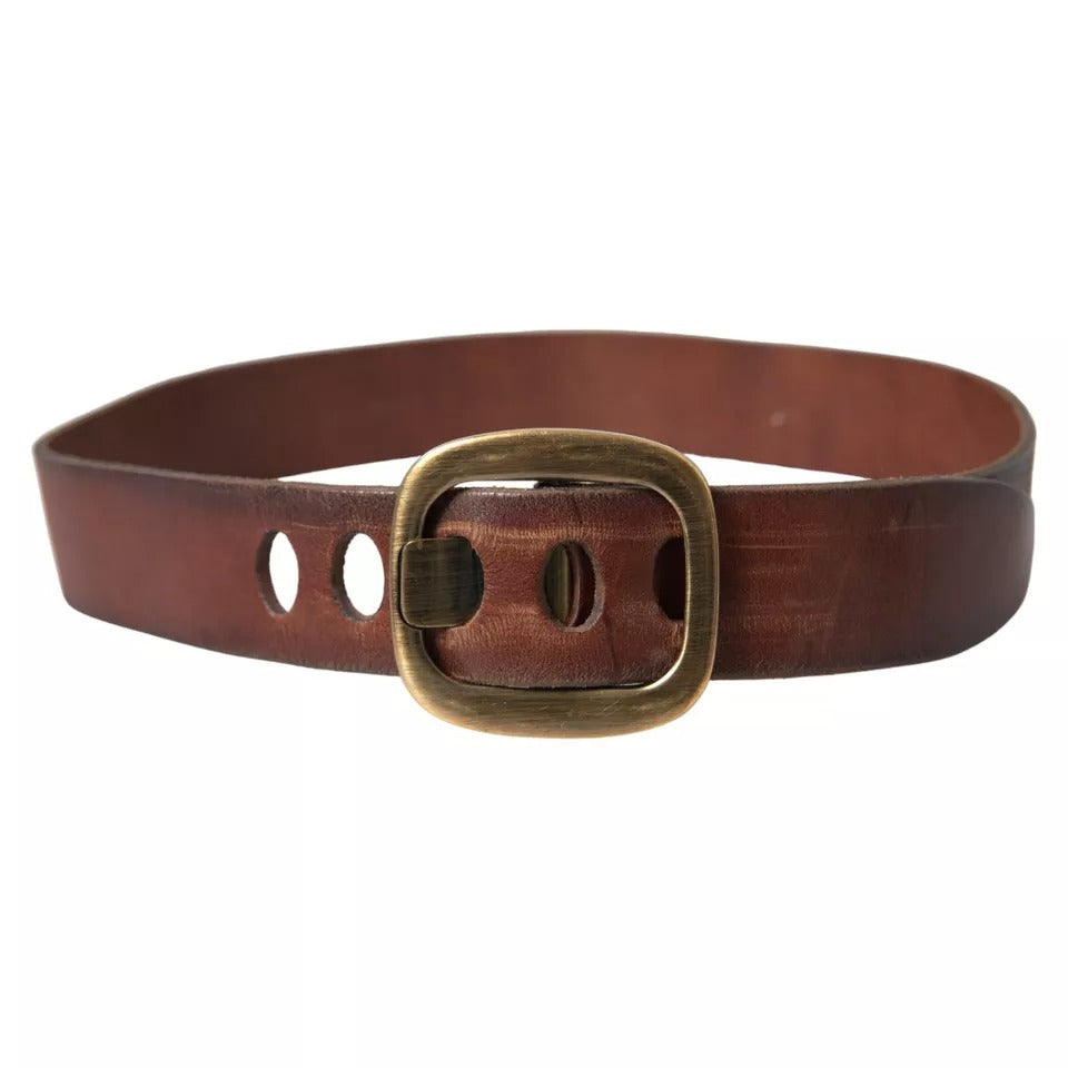  - Brown Leather Gold Metal Buckle Women Belt