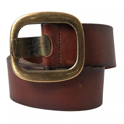  - Brown Leather Gold Metal Buckle Women Belt