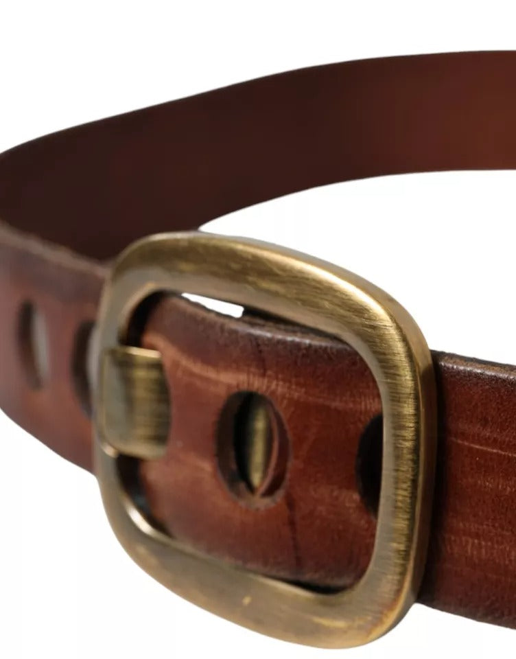  - Brown Leather Gold Metal Buckle Women Belt