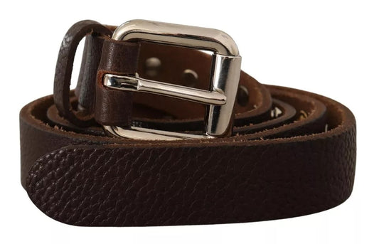  - Brown Leather Studded Silver Metal Buckle Belt