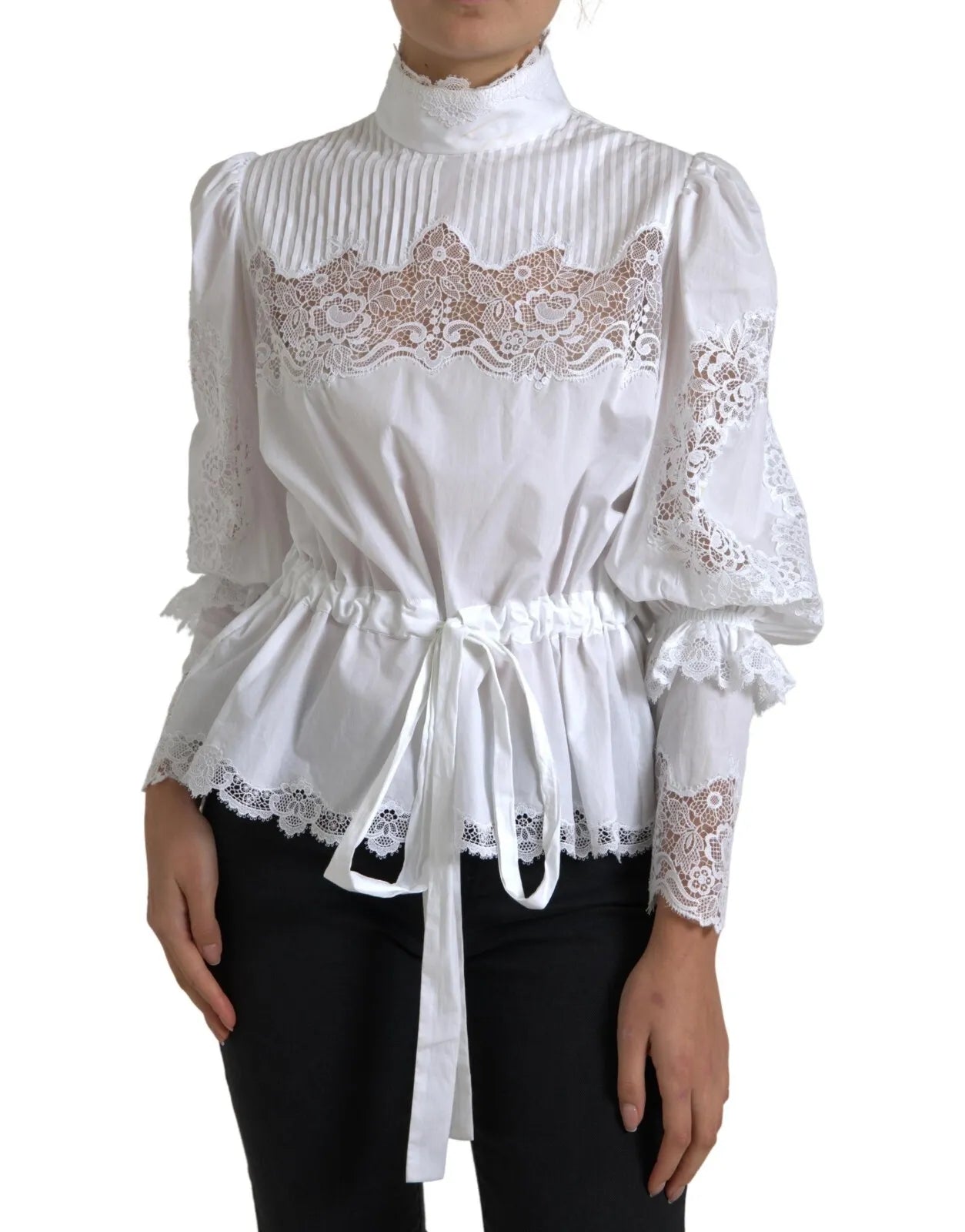  - White Cotton Lace Trim Turtle Neck Top Blouse