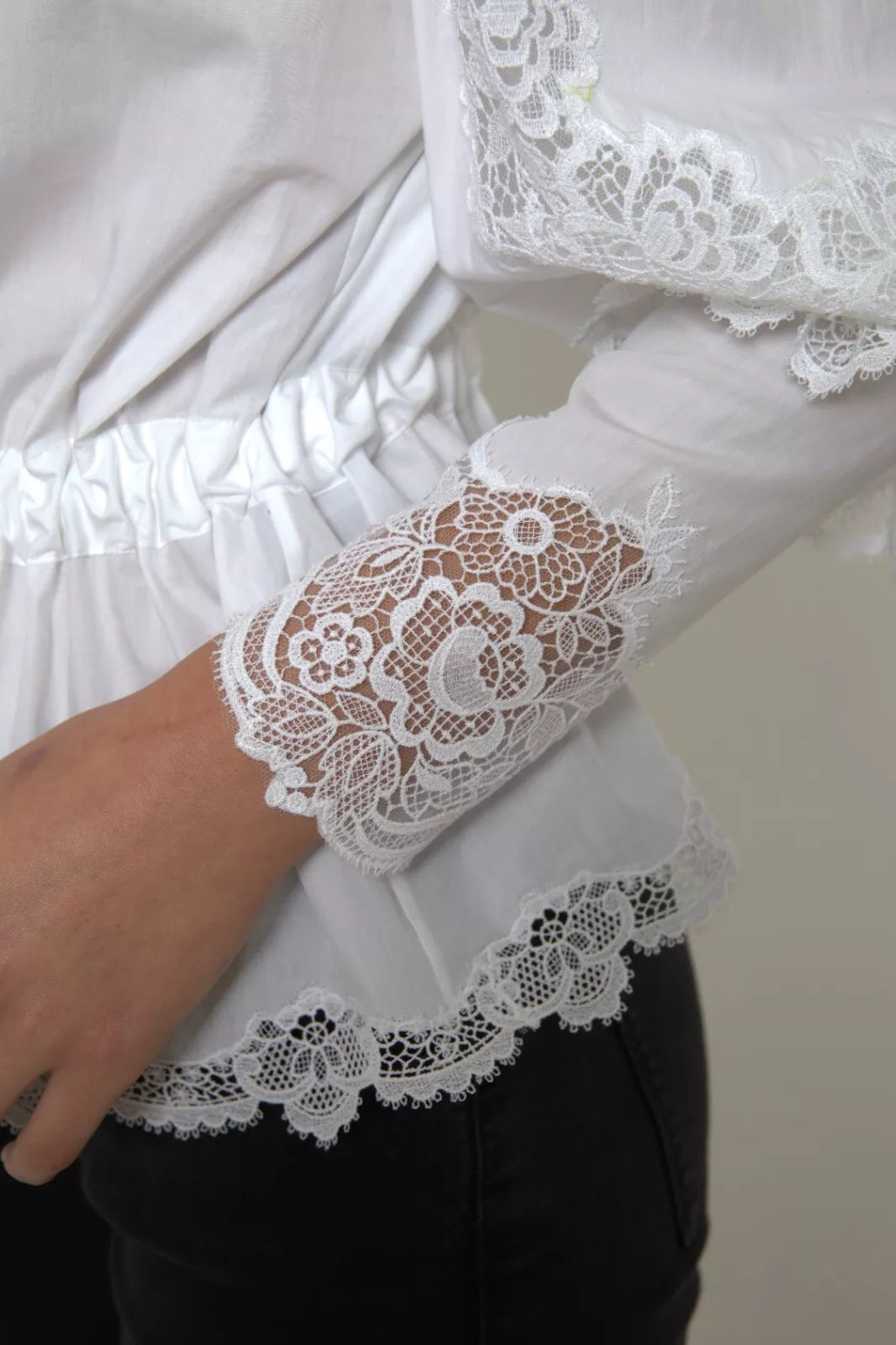  - White Cotton Lace Trim Turtle Neck Top Blouse