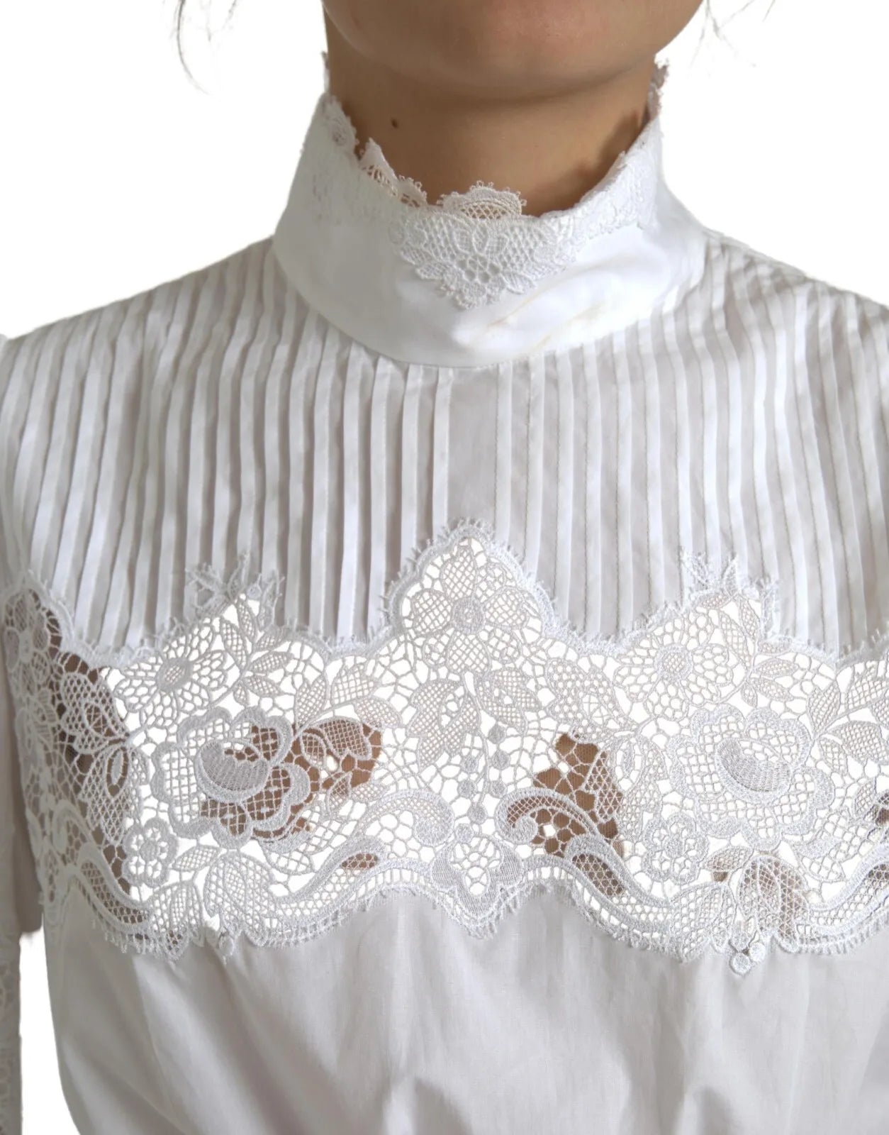  - White Cotton Lace Trim Turtle Neck Top Blouse