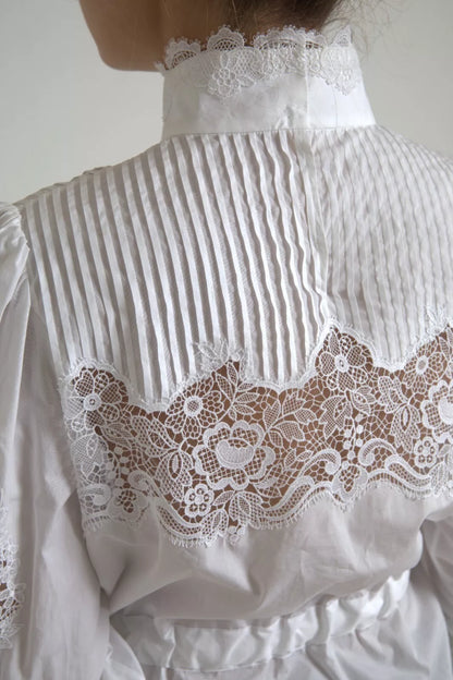  - White Cotton Lace Trim Turtle Neck Top Blouse