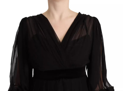 Black V-neck Long Sleeves Mini A-line Dress - The Luxe Alliance