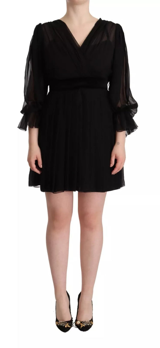 Black V-neck Long Sleeves Mini A-line Dress - The Luxe Alliance