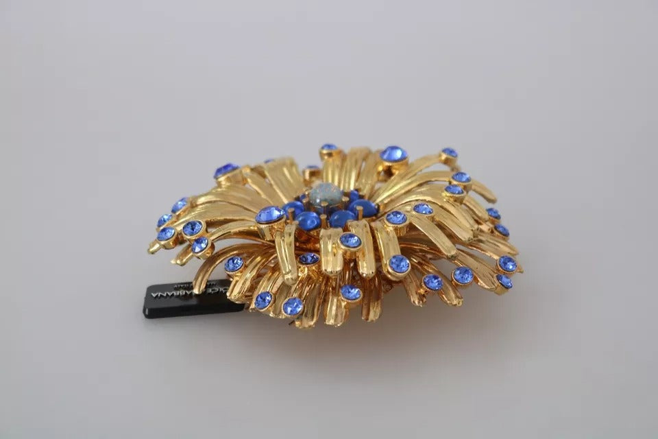 Gold Brass Blue Crystals Embellished Jewelry Brooch - The Luxe Alliance